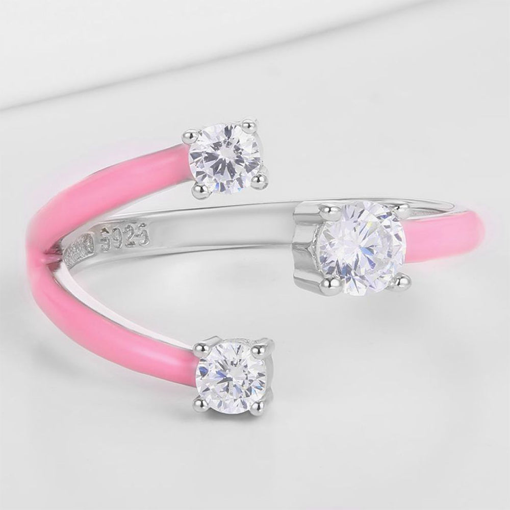 Whitegold Tone Alloy Ring with Pink Resin and White Emporia Crystals