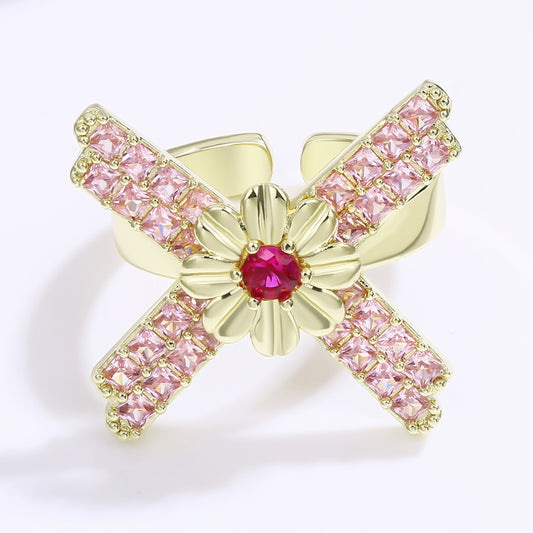 Pierścionek pozłacany z czerwonym kryształem emporia® i różowym kryształem emporia®