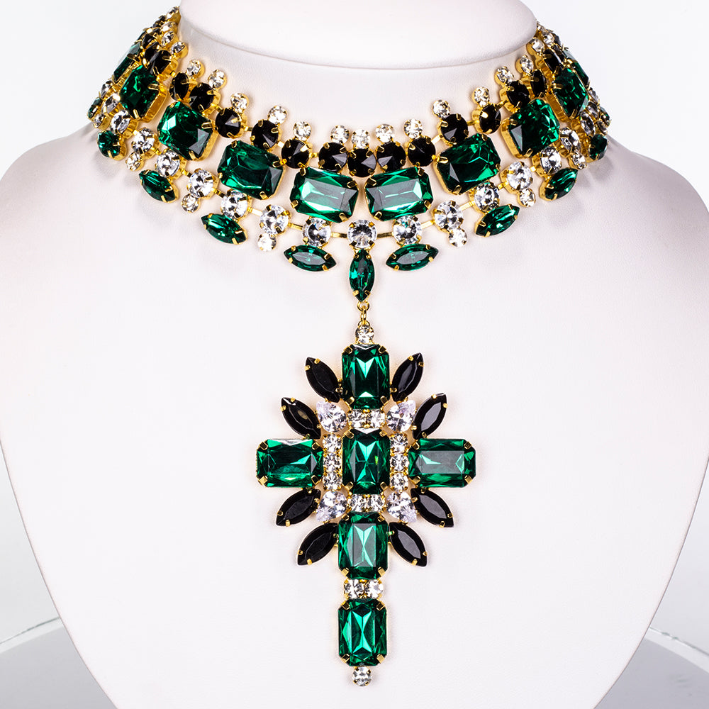 Zestaw pozłacane z zielonym kryształem emporia® i białym kryształem emporia® ( Naszyjnik+Kolczyki )