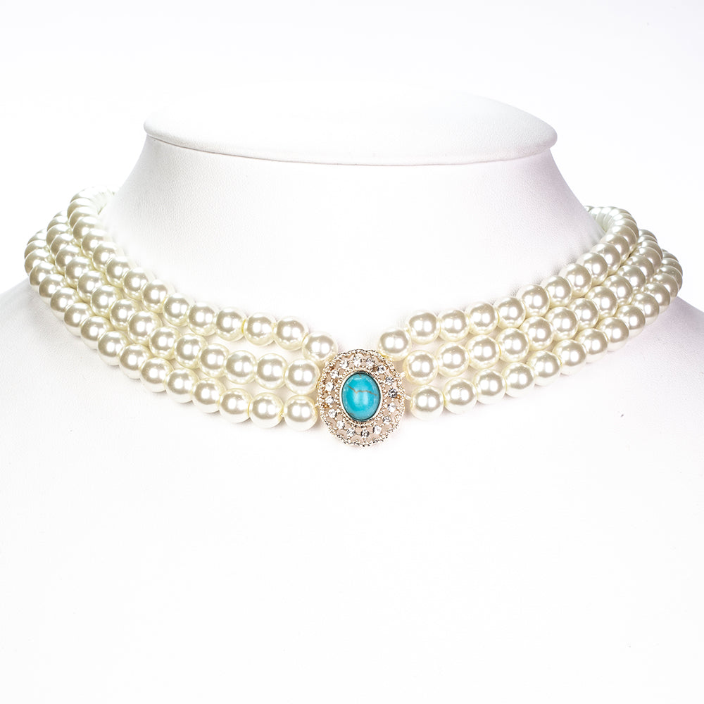 Zestaw pozłacane ze szklaną perłą i turkusem ( Naszyjnik+Kolczyki )