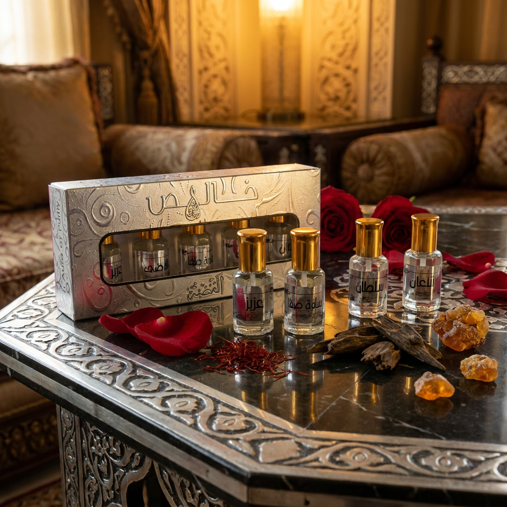 KHALIS SILVER 5*12 ML perfume oil set (TOP:Saffron, Raspberry, Grapefruit, Aromatic Aldehydes; MIDDLE:Rose, Jasmine, White Florals, Oud, Cedarwood; BASE:Sandalwood, Vanilla, Tonka, Musk, Ambergris, Leather, Woody Spices)