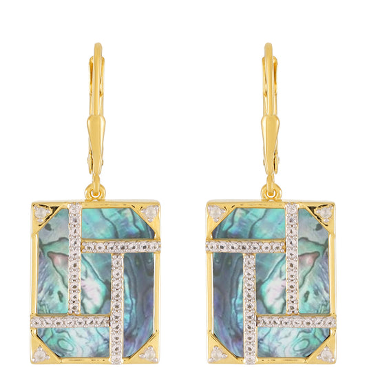 Kolczyki srebrne pozłacane z muszlą Paua i białym topazem