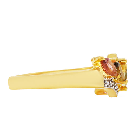 Pierścionek srebrny pozłacany z tęczowym turmalinem i białym topazem