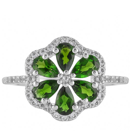 Pierścionek ze srebra próby 925 z chromowym diopsydem i białym topazem