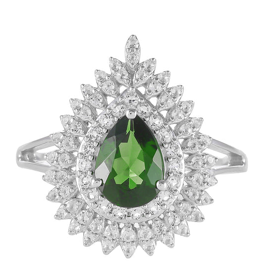 Pierścionek ze srebra próby 925 z chromowym diopsydem i białym topazem