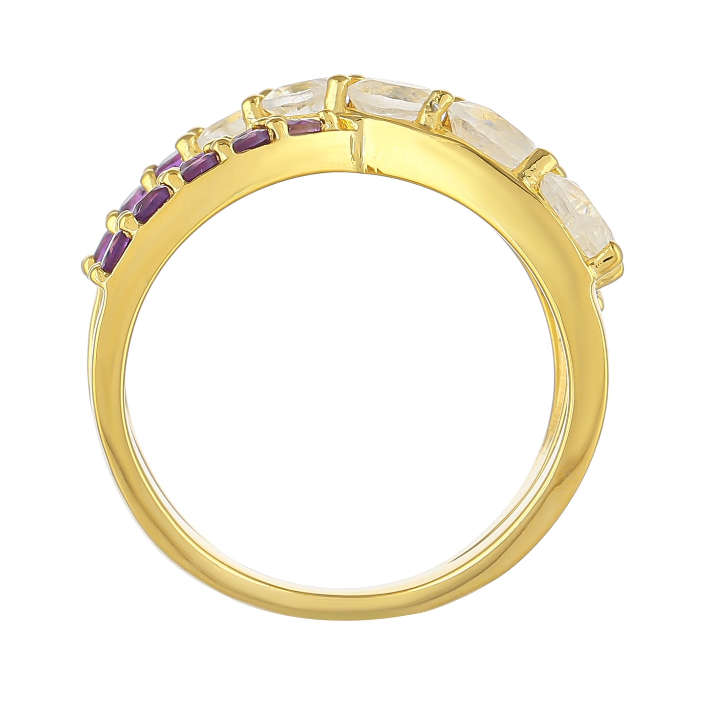 Pierścionek srebrny pozłacany z tęczowym kamieniem księżycowym i brazylijskim ametystem