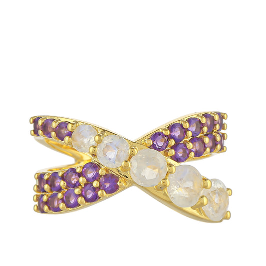 Pierścionek srebrny pozłacany z tęczowym kamieniem księżycowym i brazylijskim ametystem