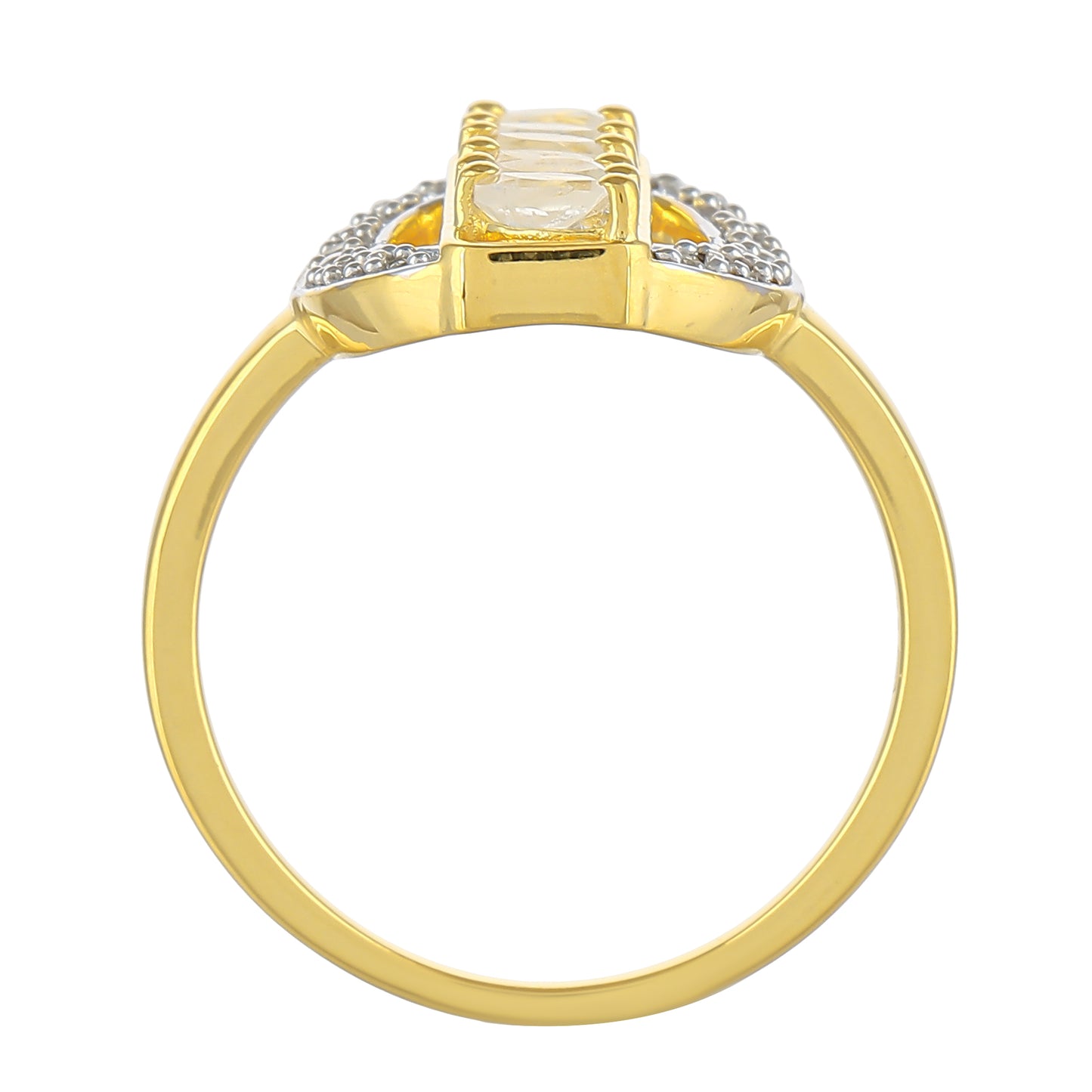 Pierścionek srebrny pozłacany z tęczowym kamieniem księżycowym i białym topazem