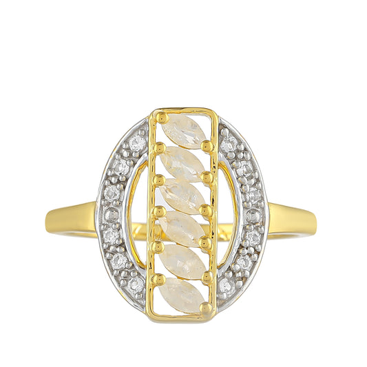 Pierścionek srebrny pozłacany z tęczowym kamieniem księżycowym i białym topazem