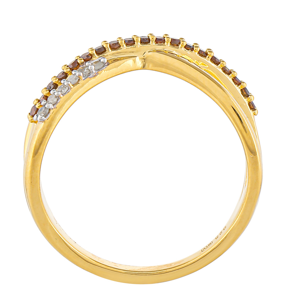 Pierścionek srebrny pozłacany z czerwonym diamentem i białym diamentem