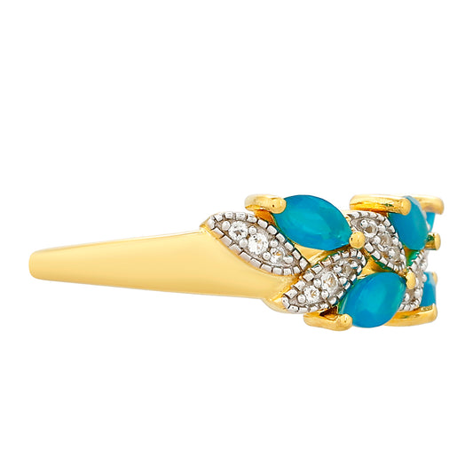 Pierścionek srebrny pozłacany z etiopskim Paraiba niebieskim opalem i białym topazem