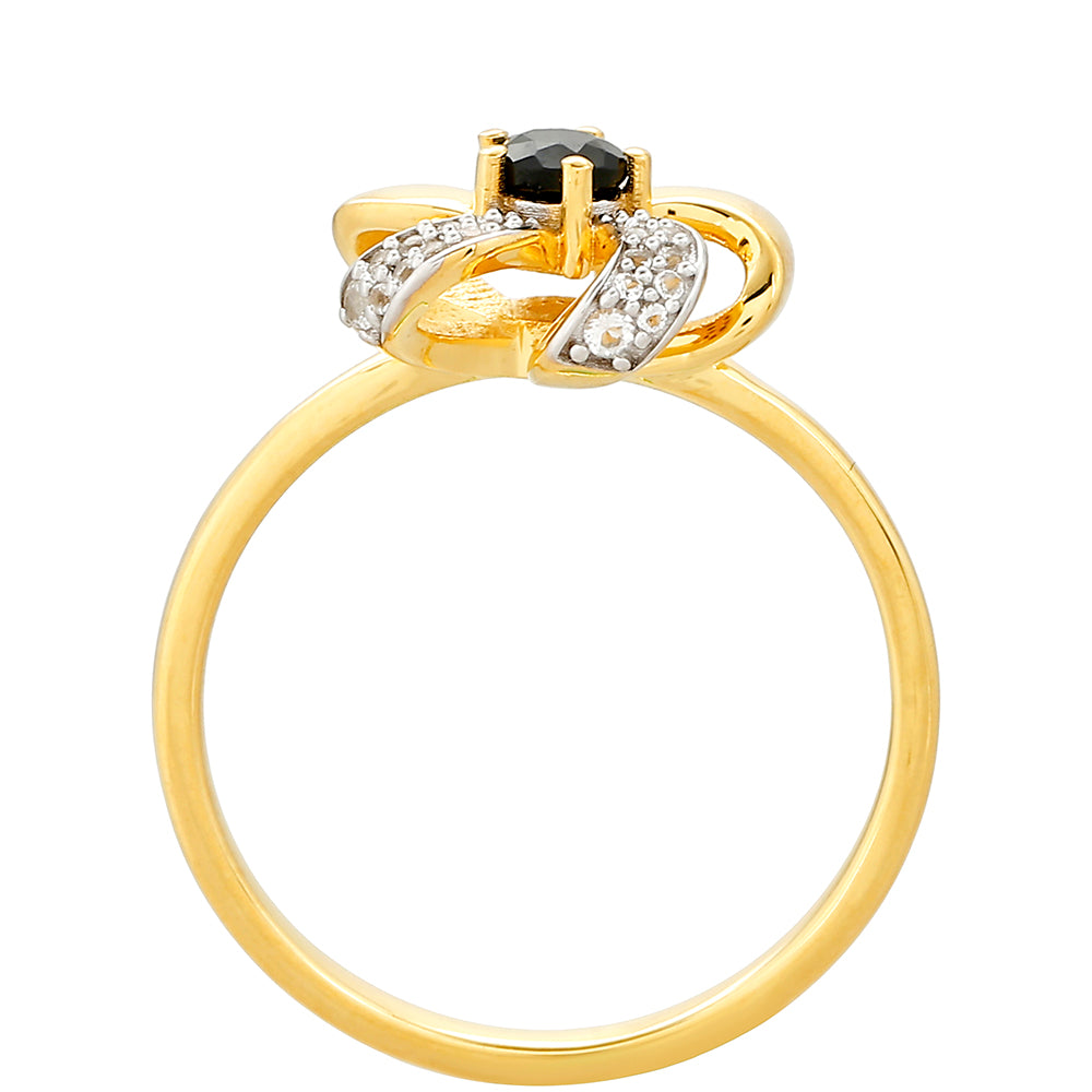 Pierścionek srebrny pozłacany z czarnym turmallinem i białym topazem