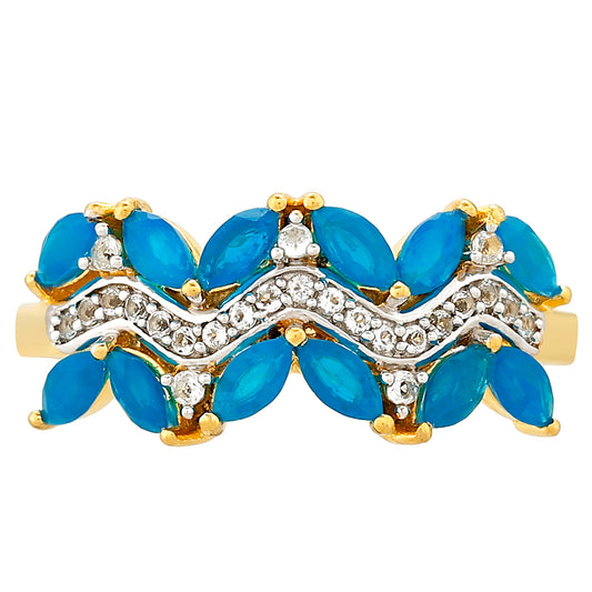 Pierścionek srebrny pozłacany z etiopskim Paraiba niebieskim opalem i białym topazem