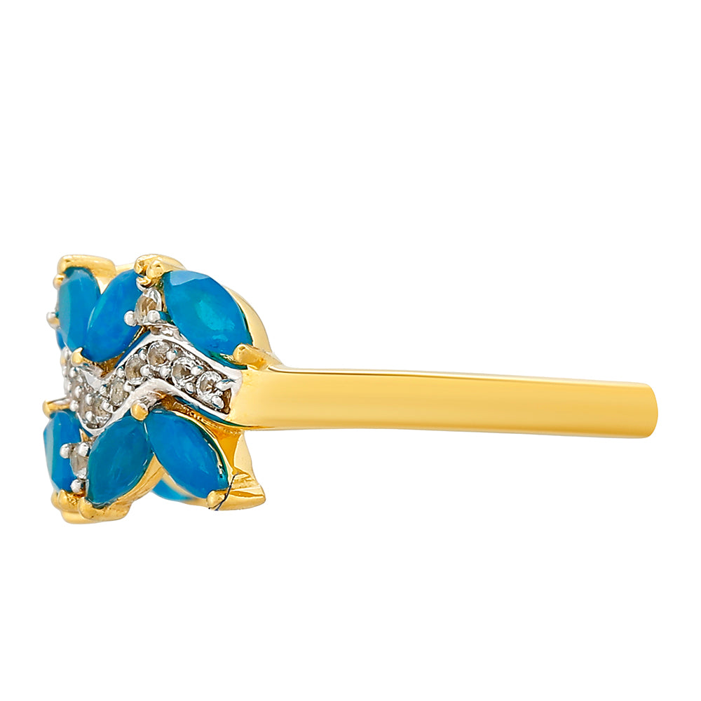 Pierścionek srebrny pozłacany z etiopskim Paraiba niebieskim opalem i białym topazem