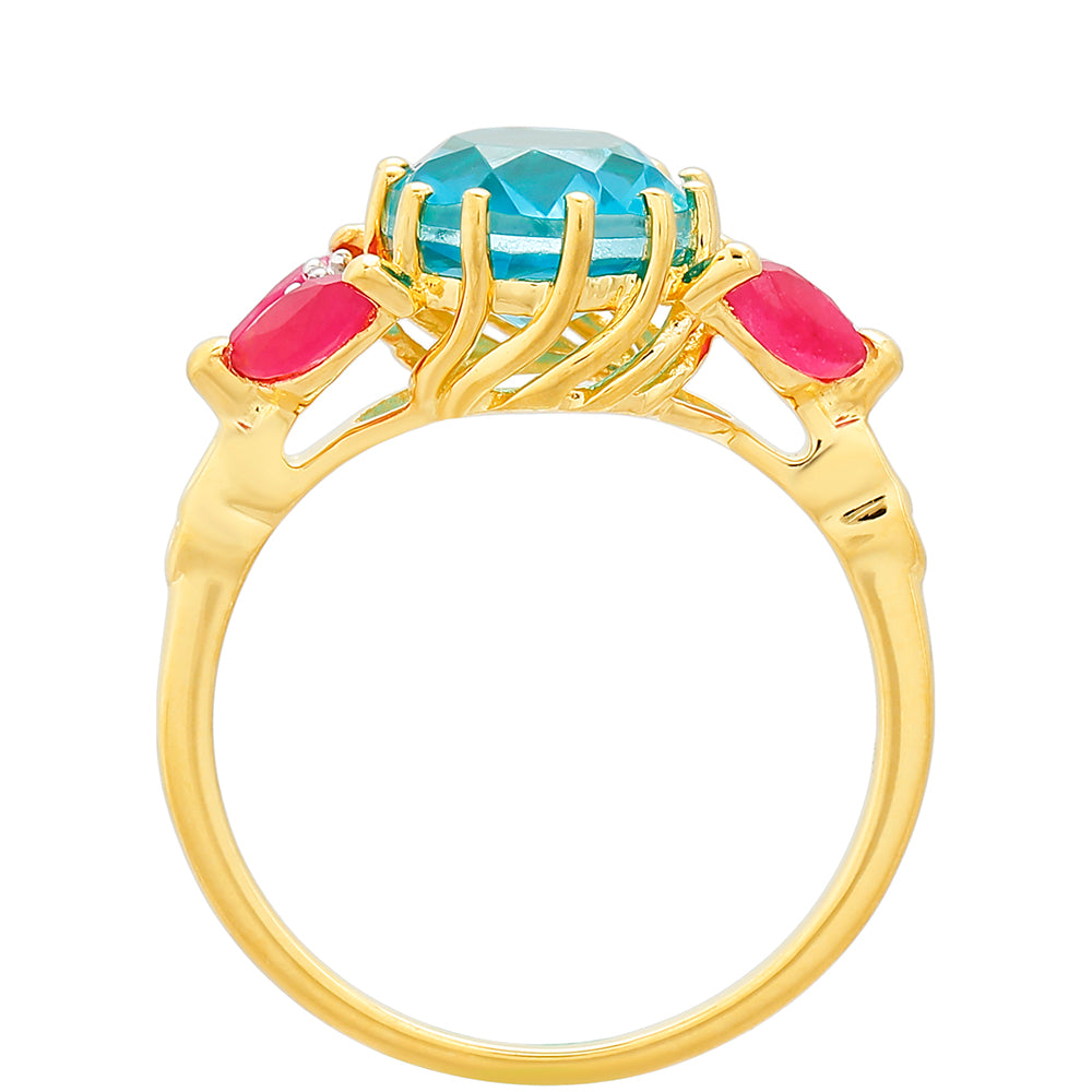 Pierścionek srebrny pozłacany z kwarcem Paraiba i czerwonym kwarcem