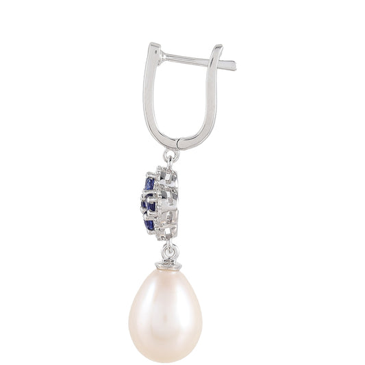 Kolczyki ze srebra próbe 925 z szafirem tajskim i białą perłą słodkowodną