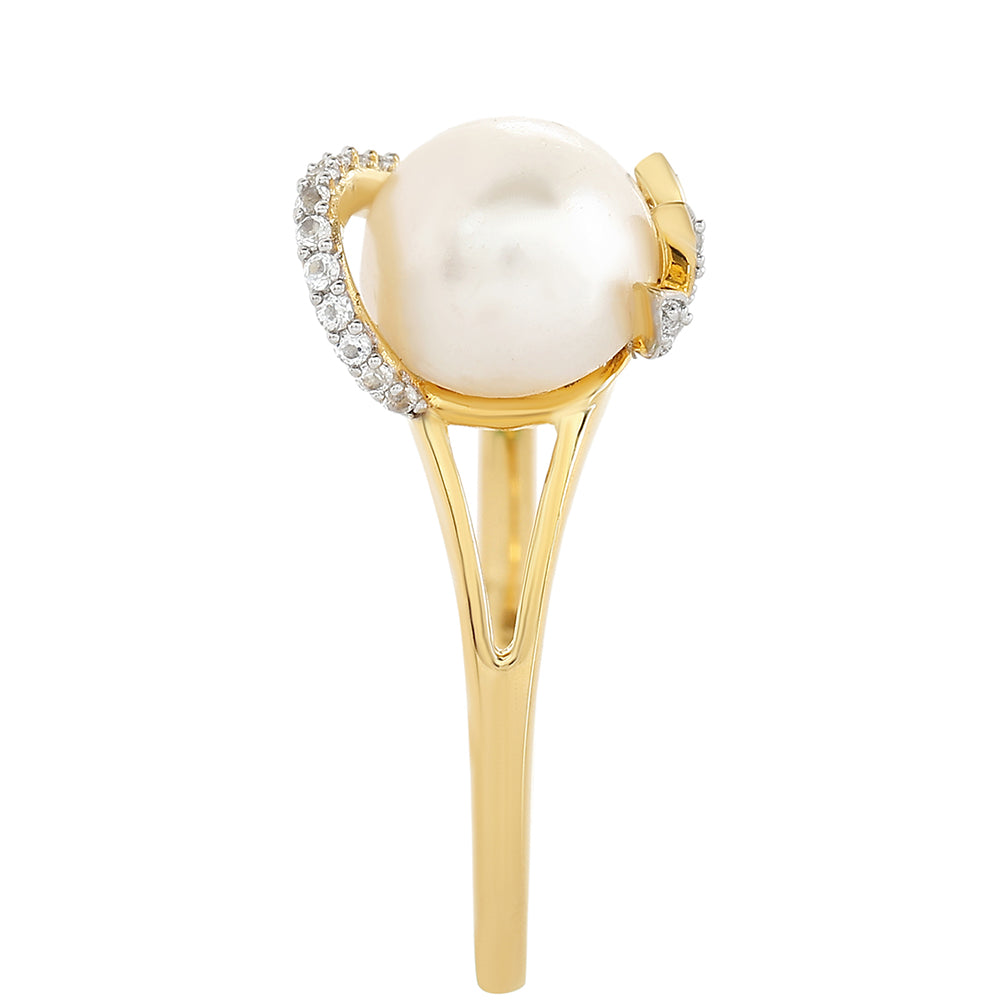 Pierścionek srebrny pozłacany z perłami hodowlanymi słodkowodnymi i białym topazem