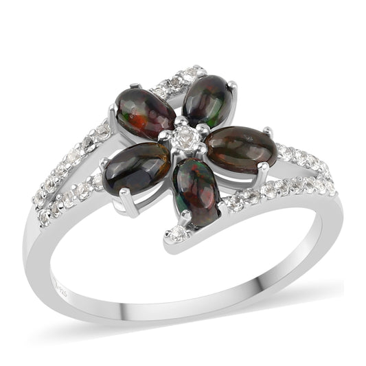 Pierścionek ze srebra próby 925 z czarnym etiopskim opalem Lega Dembi i białym topazem