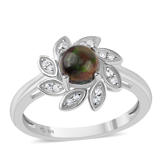 Pierścionek ze srebra próby 925 z czarnym etiopskim opalem Lega Dembi i białym topazem