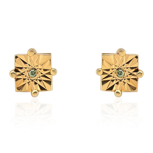 Kolczyki srebrne pozłacane z zielonym diamentem