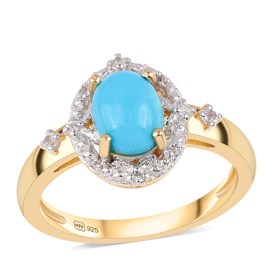 Pierścionek srebrny pozłacany z niebieskim turkusem i białym topazem