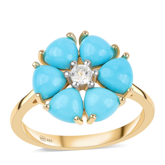 Pierścionek srebrny pozłacany z niebieskim turkusem i białym topazem