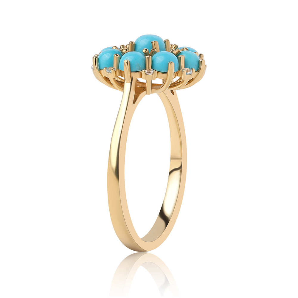 Pierścionek srebrny pozłacany z niebieskim turkusem i białym topazem