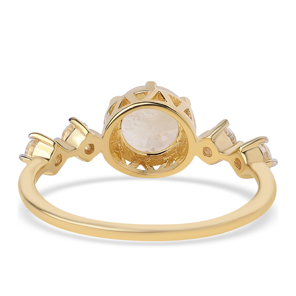 Pierścionek srebrny pozłacany z tęczowym kamieniem księżycowym klasy AA i białym topazem