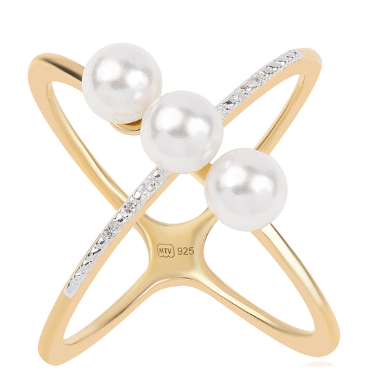 Pierścionek srebrny pozłacany z białą perłą słodkowodną i białym topazem