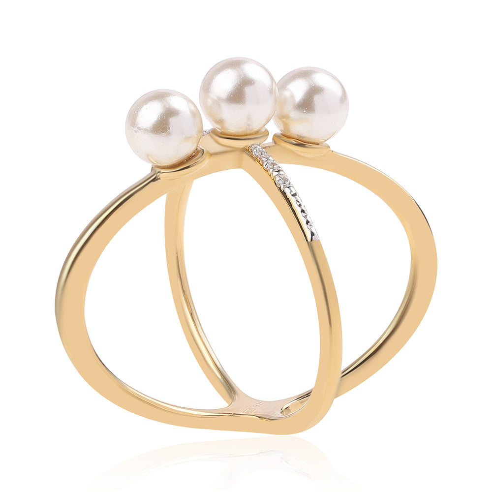 Pierścionek srebrny pozłacany z białą perłą słodkowodną i białym topazem