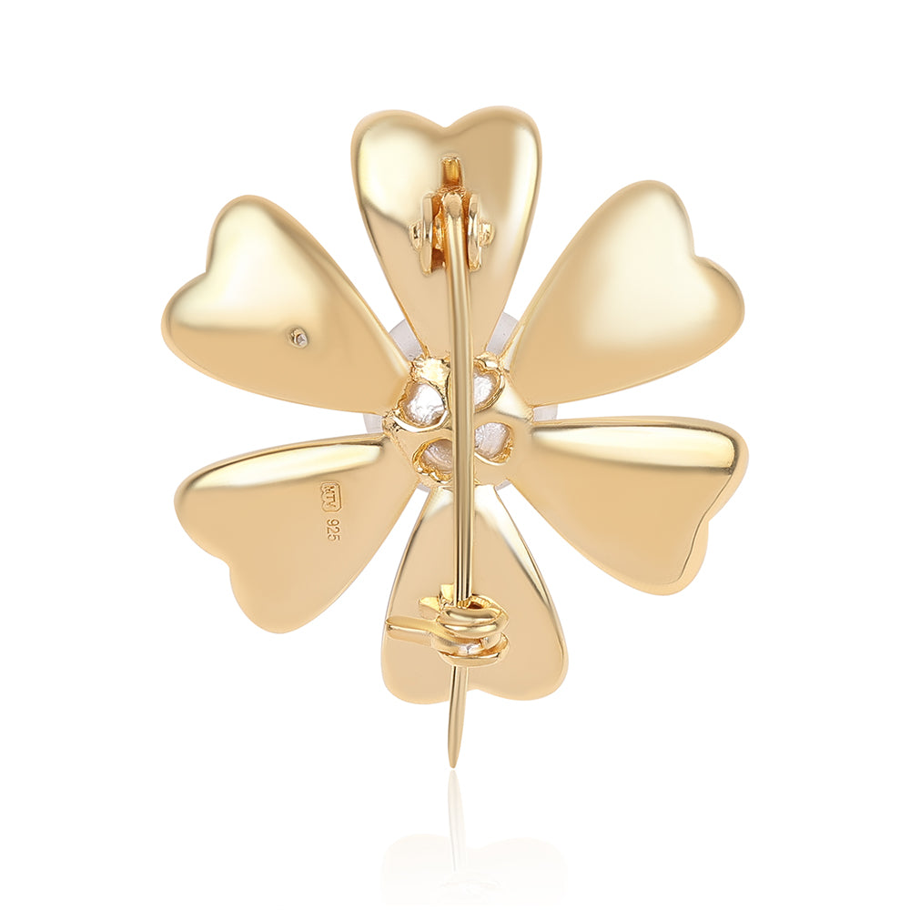 Broszka srebrny pozłacany z białą perłą słodkowodną