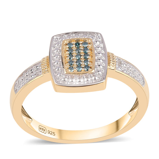 Pierścionek srebrny pozłacany z niebieskim diamentem i białym topazem