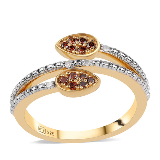Pierścionek srebrny pozłacany z czerwonym diamentem i białym diamentem