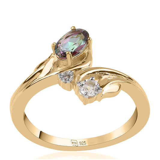 Pierścionek srebrny pozłacany z topazem mistycznym i białym topazem