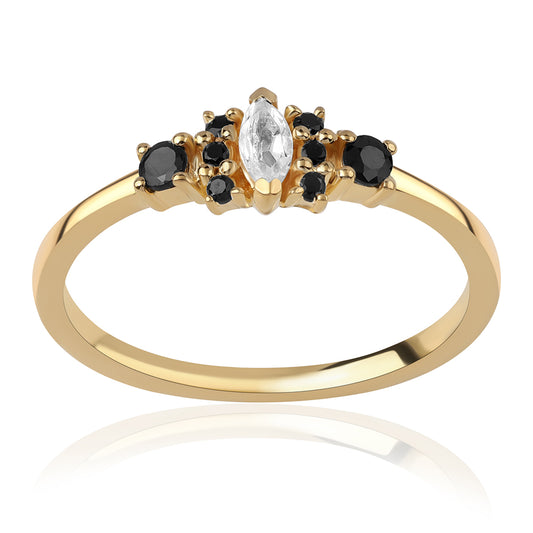 Pierścionek srebrny pozłacany z czarnym spinelem i białym topazem