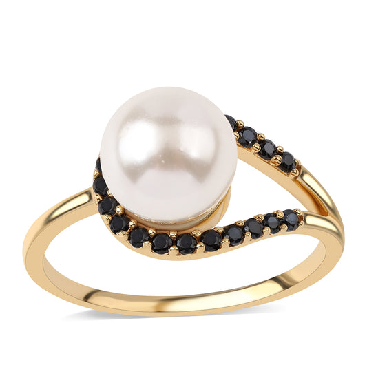 Pierścionek srebrny pozłacany z czarnym spinelem i białą perłą słodkowodną