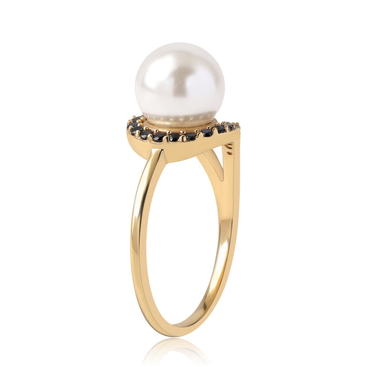 Pierścionek srebrny pozłacany z czarnym spinelem i białą perłą słodkowodną