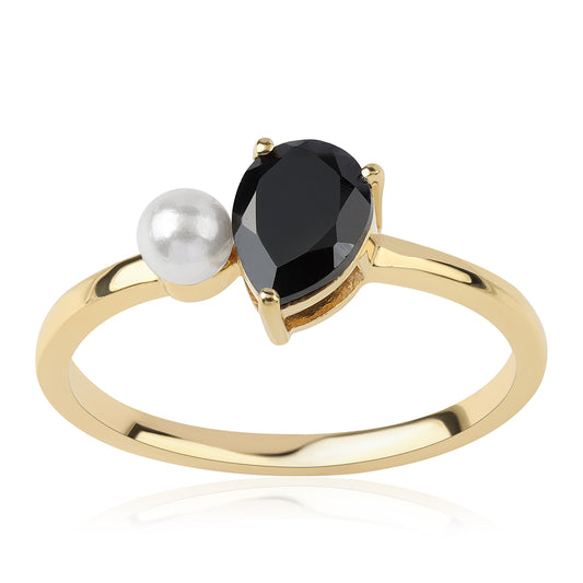 Pierścionek srebrny pozłacany z czarnym spinelem i białą perłą słodkowodną
