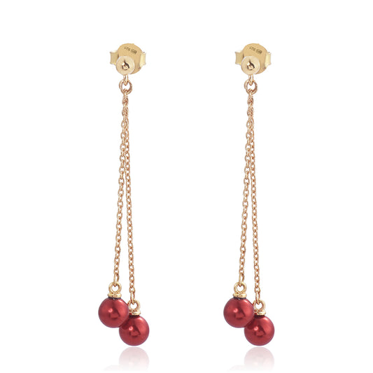 Kolczyki srebrne pozłacane z czerwoną perłą słodkowodną