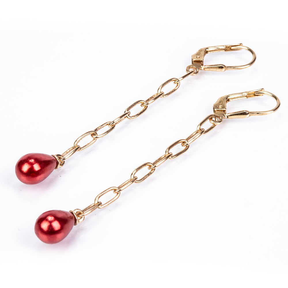 Kolczyki srebrne pozłacane z czerwoną perłą słodkowodną