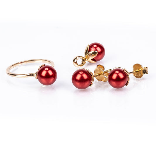 Zestaw srebrne pozłacane z czerwoną perłą słodkowodną ( Kolczyki+Pierścionek +Zawieszka )