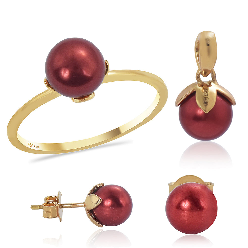 Zestaw srebrne pozłacane z czerwoną perłą słodkowodną ( Kolczyki+Pierścionek +Zawieszka )