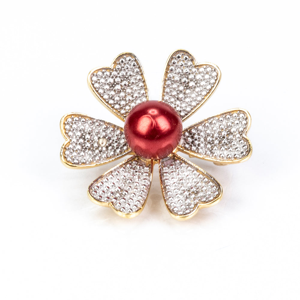 Broszka srebrny pozłacany z czerwoną perłą słodkowodną i białym topazem