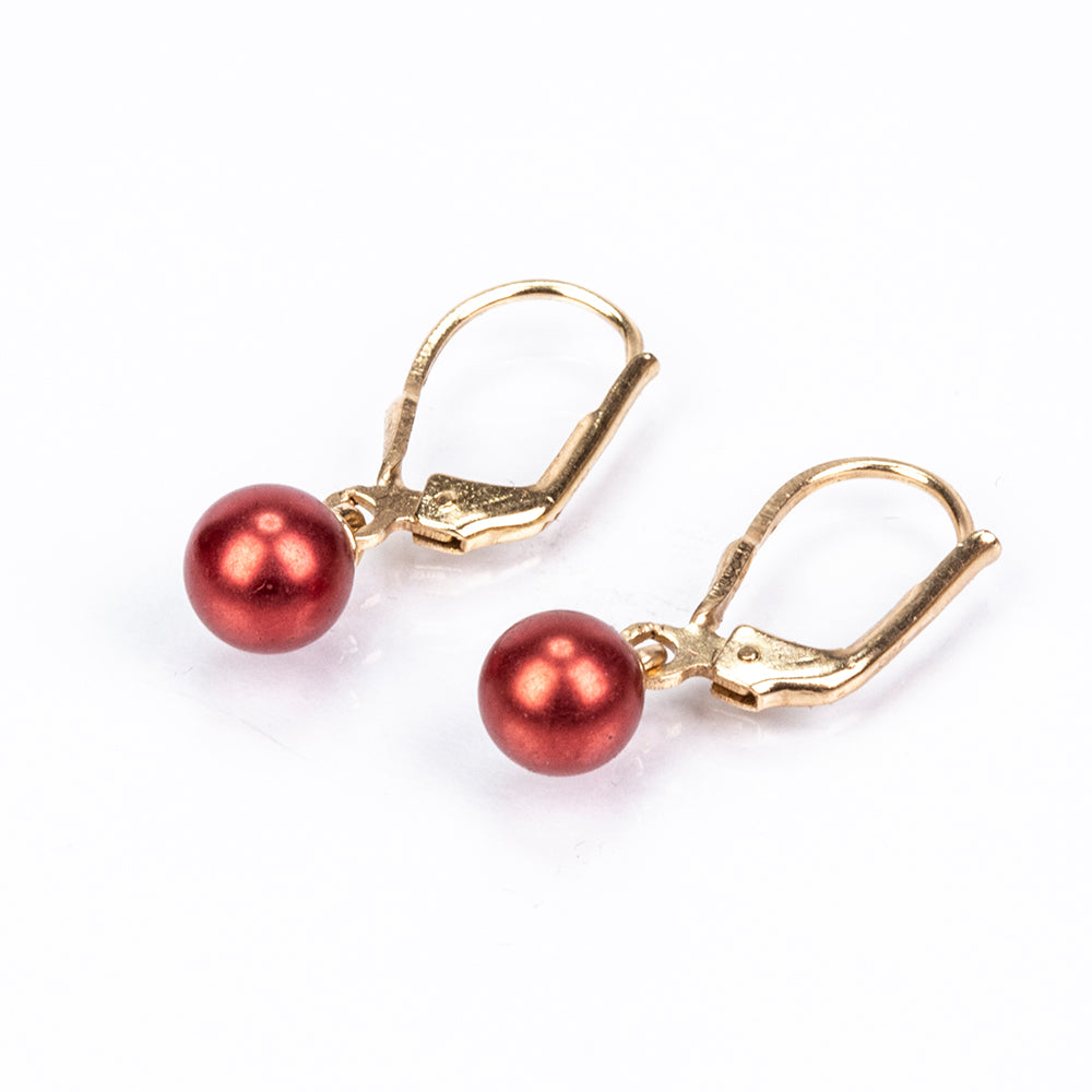 Kolczyki srebrne pozłacane z czerwoną perłą słodkowodną