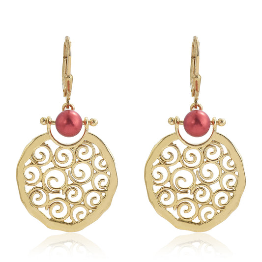 Kolczyki srebrne pozłacane z czerwoną perłą słodkowodną