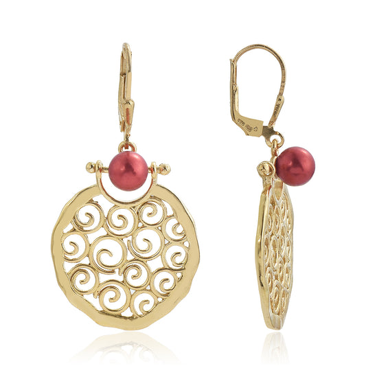 Kolczyki srebrne pozłacane z czerwoną perłą słodkowodną