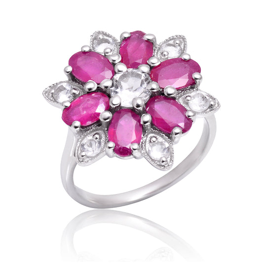 Pierścionek ze srebra próby 925 z malgaskim rubinem i białym topazem