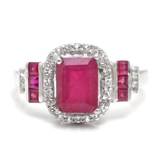 Pierścionek ze srebra próby 925 z malgaskim rubinem i białym topazem