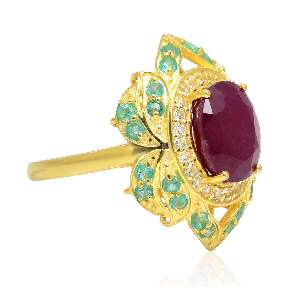 Pierścionek srebrny pozłacany z malgaskim rubinem i brazylijskim szmaragdem