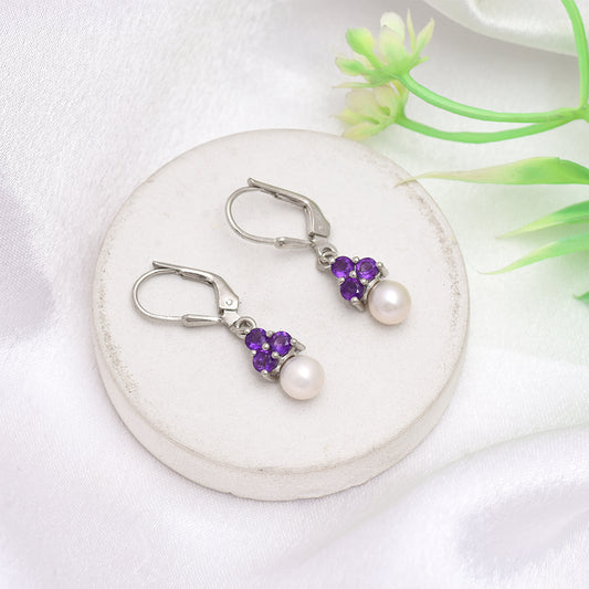 Kolczyki ze srebra próbe 925 z marokańskim ametystem i białą perłą słodkowodną